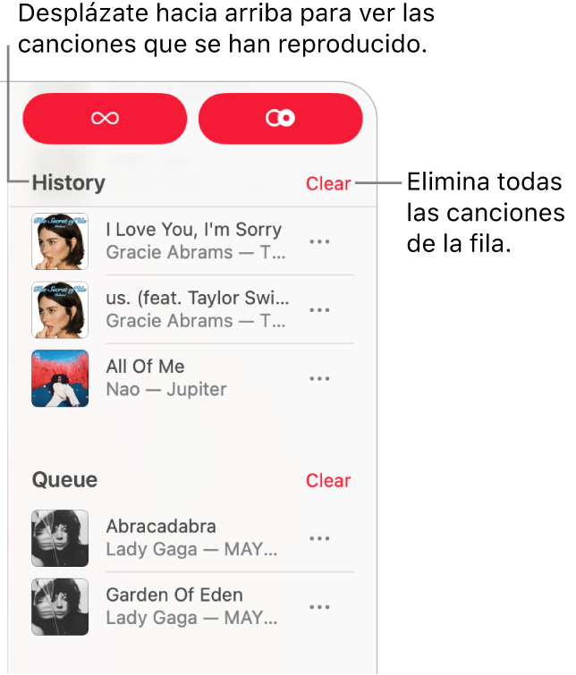 La cola está visible en la esquina superior derecha de Apple Music. Aparecen las secciones Historial y Cola.