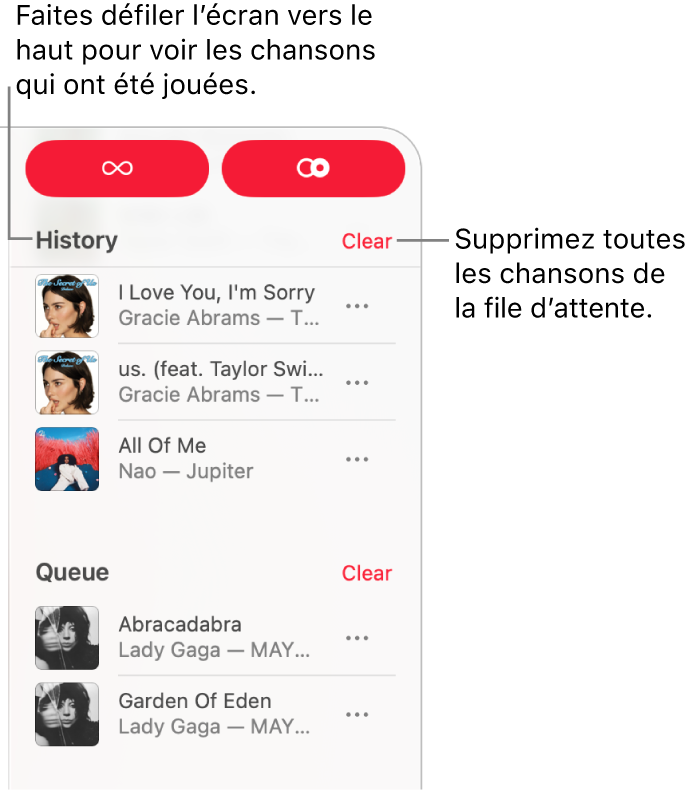 La liste d’écoute est visible dans le coin supérieur droit de la fenêtre d’Apple Music. Les sections Historique et Liste d’écoute s’affichent.