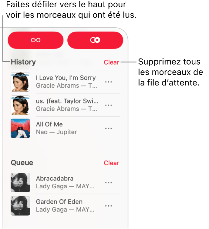 La file d’attente se trouve dans le coin supérieur droit d’Apple Music. Les sections Historique et « File d’attente » apparaissent.