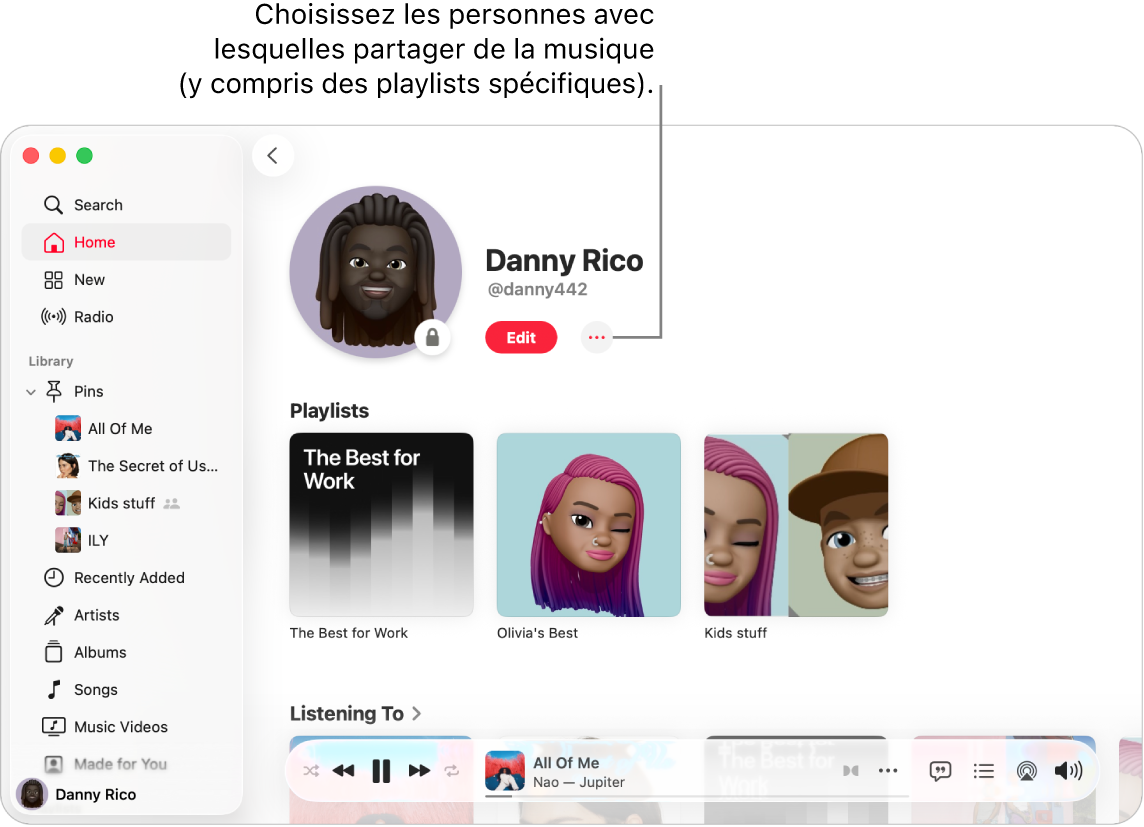 La page de profil dans Apple Music : en haut de la fenêtre, cliquez sur le bouton Plus (à droite du bouton Modifier) pour partager votre musique.
