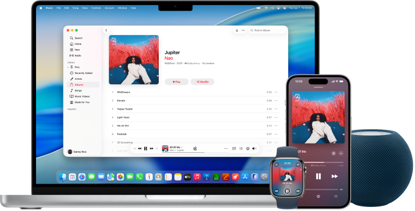 Lagu yang diputar di Mac, iPhone, dan Apple Watch, dengan HomePod.