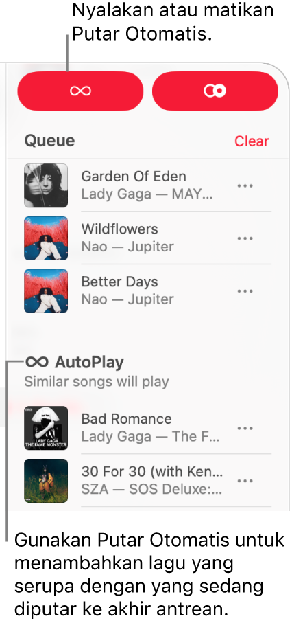 Antrean terlihat di pojok kanan atas Apple Music. Bagian Putar Otomatis juga ditampilkan.