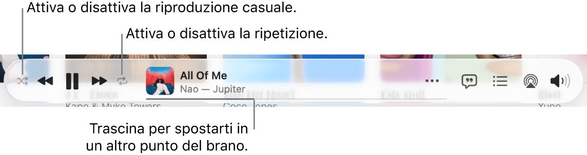 La parte inferiore di Apple Music con un brano in riproduzione. I controlli di riproduzione sono all’estrema sinistra. Il pulsante Casuale si trova a sinistra dei controlli di riproduzione e il pulsante Ripeti si trova a destra dei controlli. Trascina la testina di riproduzione per spostarti in un altro punto del brano.