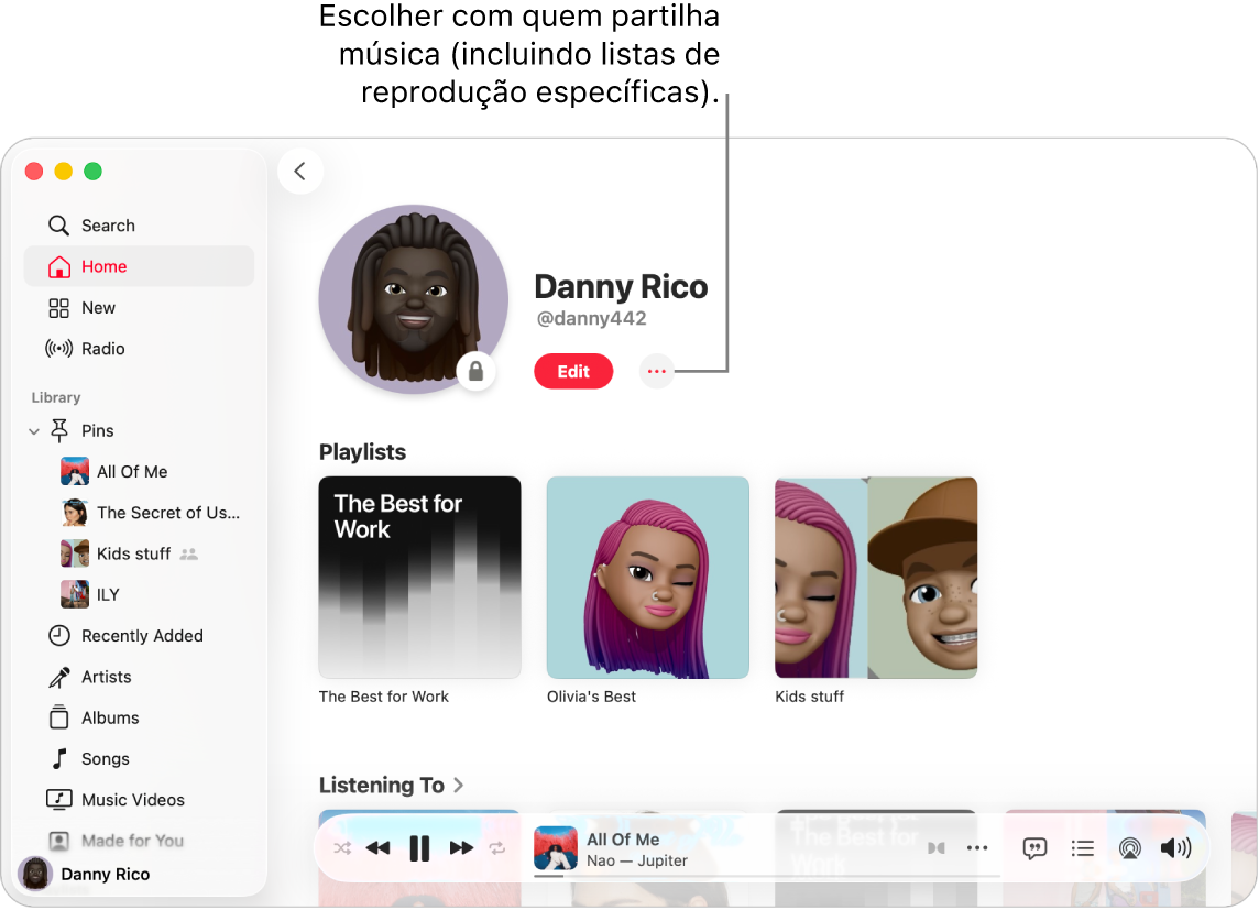 A página de perfil em Apple Music: na parte superior da janela, clique no botão Mais (à direita do botão Editar) para partilhar a música.