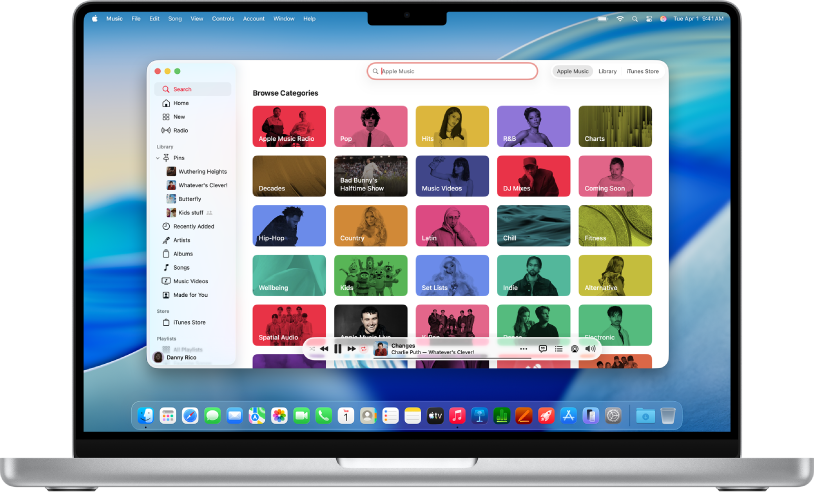 หน้าต่าง Apple Music ที่แสดงช่องค้นหาและช่องสี่เหลี่ยมหมวดหมู่
