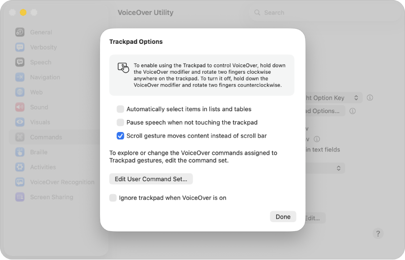 Dialógové okno VoiceOver utility, v ktorom sa zobrazujú nastavenia na používanie trackpadu na ovládanie VoiceOveru.