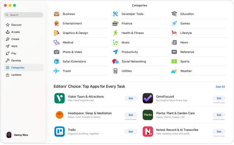 Das App Store-Fenster mit dem Suchfeld und App-Kategorien.