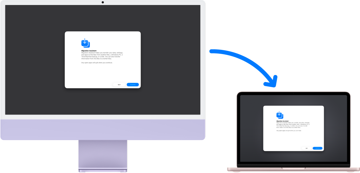 iMac dan MacBook Neo menampilkan layar Asisten Migrasi. Panah dari iMac ke MacBook Neo menandakan transfer data dari satu ke yang lain.