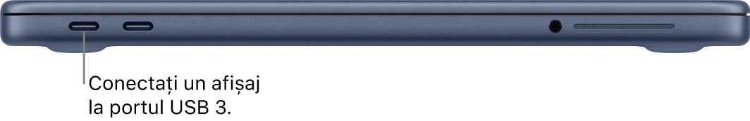 Portul USB 3 de pe un MacBook Neo, cu instrucțiunile de conectare a unui afișaj la portul USB 3.