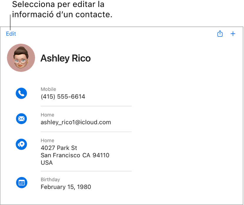Una targeta de contacte a iCloud.com que mostra la informació d’una persona, incloent-hi un número de telèfon, una adreça de correu electrònic, una adreça particular i la data de naixement, així com un botó per editar aquests camps.
