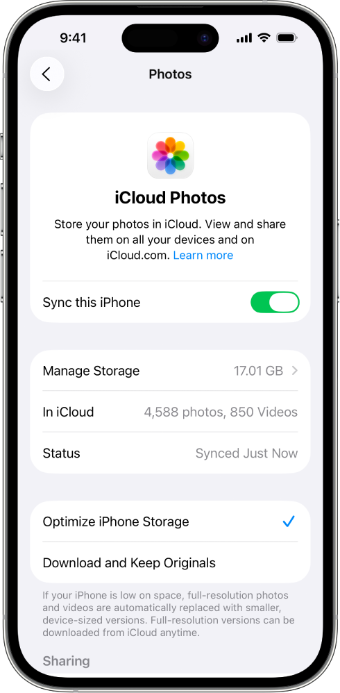 iCloud ayarlarındaki iCloud Fotoğrafları ekranı. Bu iPhone’u eşzamanla açık.