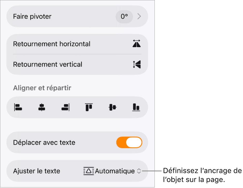 Les commandes Format avec l’onglet Disposition sélectionné et les commandes « Placer derrière/devant », « Déplacer avec texte » et « Ajuster le texte ».