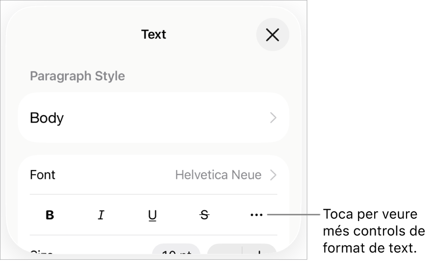 La pestanya Text dels controls de format amb una llegenda per al botó “Més opcions de text”.
