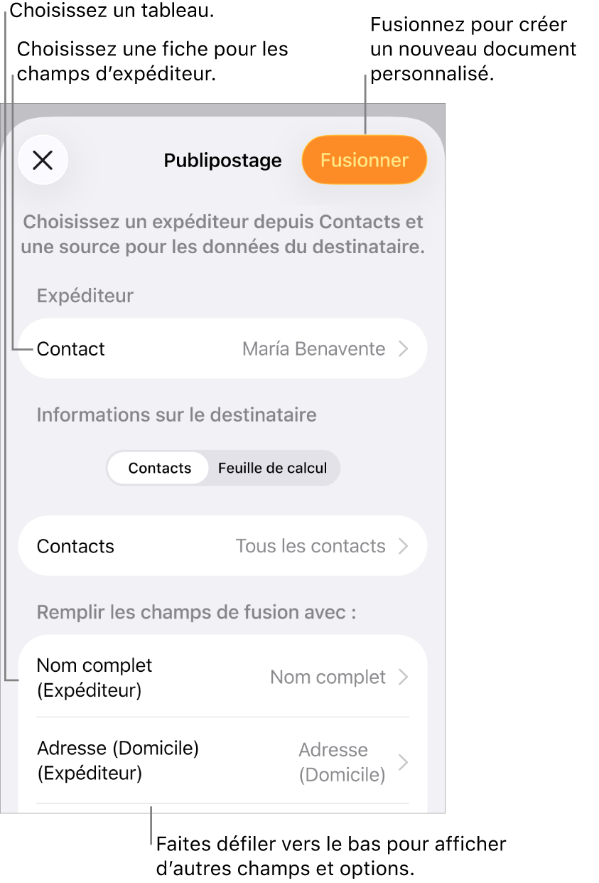 Sous-fenêtre Publipostage ouverte, avec des options pour choisir les informations de l’expéditeur, modifier le fichier ou le tableau source, prévisualiser les noms des champs de fusion ou fusionner le document.
