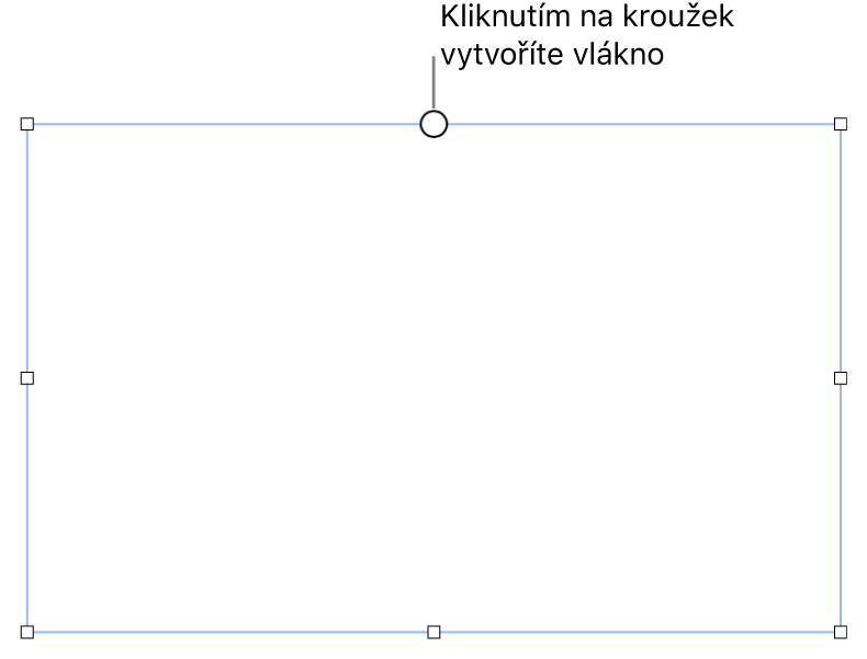 Prázdný textový rámeček s bílým kroužkem v horní části a úchyty pro nastavení velikosti v rozích, na stranách a ve spodní části