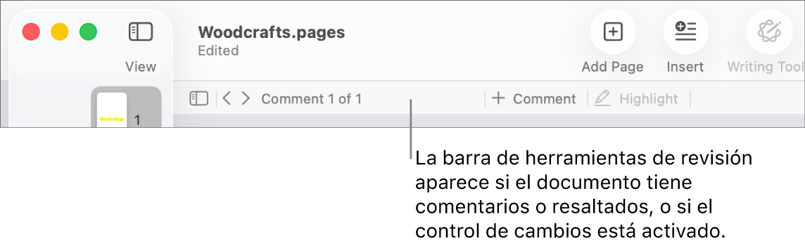 Barra de herramientas de Pages en la parte superior de la pantalla con los botones Visualización, Zoom, “Añadir página”, Insertar, Tabla, Gráfica, Texto, Figura, Multimedia y Comentario por la parte superior. Debajo de la barra de herramientas de Pages está la barra de herramientas de revisión con el botón para mostrar u ocultar comentarios, flechas para ir al comentario previo o al siguiente, el número total de comentarios y los botones para añadir un comentario o resaltar.