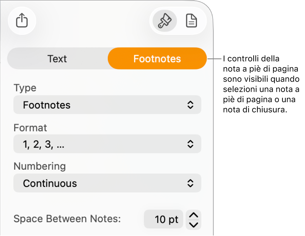 Pannello “Note a piè di pagina” con i menu a comparsa Tipo, Formato, Numerazione e “Spazio tra le note”.
