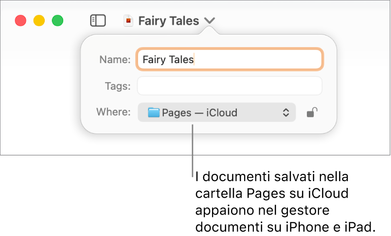 Finestra di dialogo Salva per un documento con “Pages - iCloud” nel menu a comparsa Dove.
