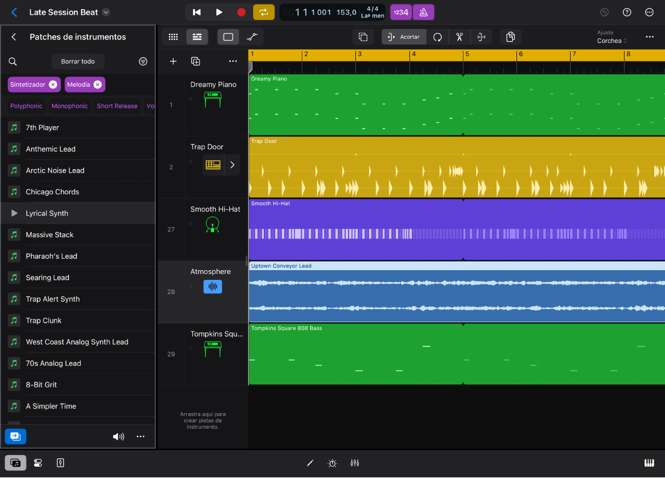 Ilustración. Logic Pro para iPad con la vista “Patches de instrumentos” en el explorador.