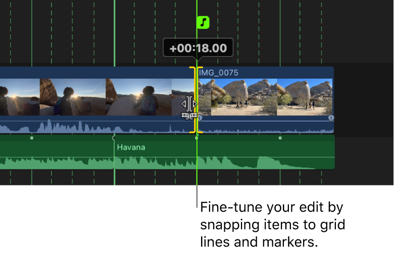 Die Timeline zeigt einen „Schnittmarke verschieben“-Schnitt, der mit einem Beat im Beat-Raster ausgerichtet wird