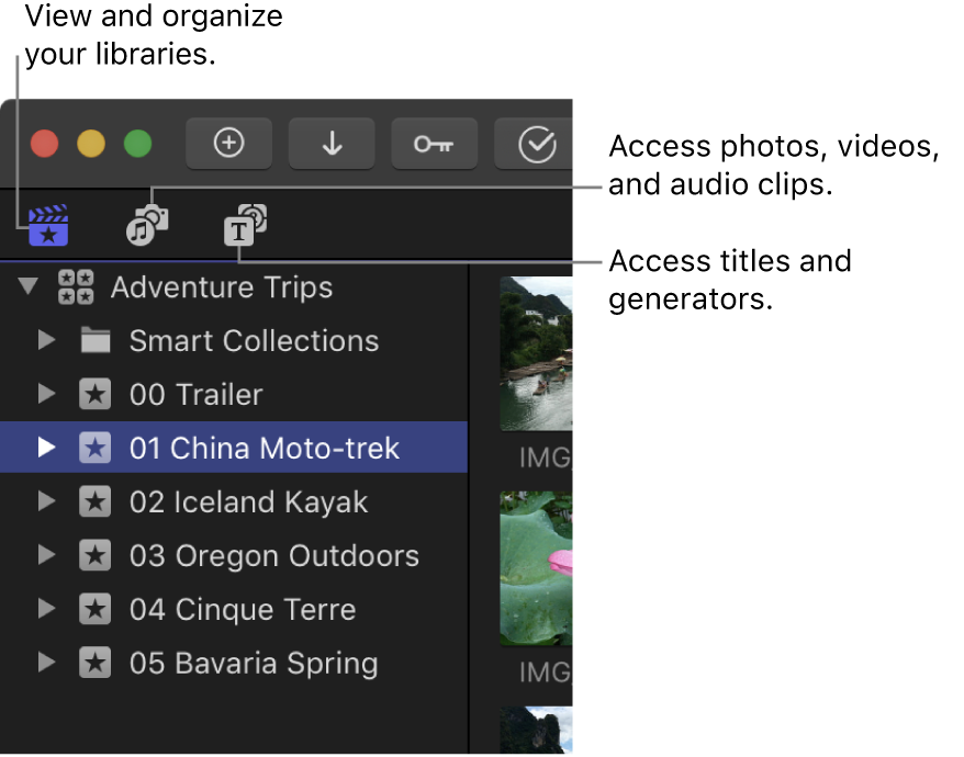 Die drei Tasten oben links im Final Cut Pro-Fenster zum Öffnen der Seitenleistenbereiche