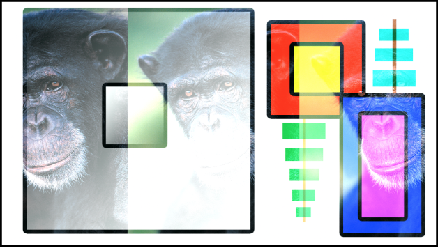 Las imágenes de las cajas y el chimpancé mezcladas mediante el modo de mezcla “Subexposición lineal”