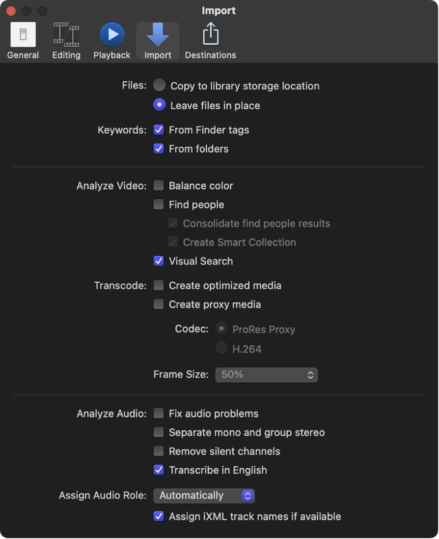 El panel Importación de la ventana Ajustes de Final Cut Pro
