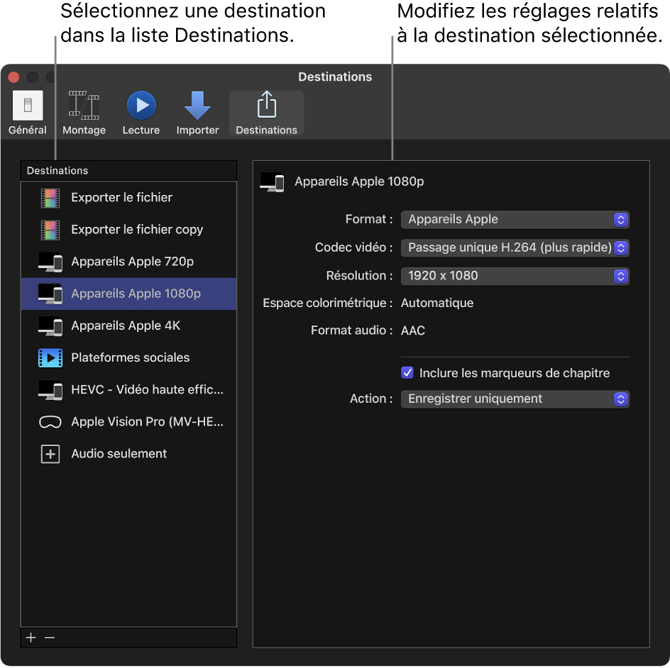 Sous-fenêtre Destinations de la fenêtre Réglages de Final Cut Pro montrant la destination « Appareils Apple 1080p », sélectionnée dans la liste de gauche