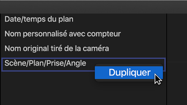 Duplication d’un préréglage dans la fenêtre « Préréglages d’attribution de nom »
