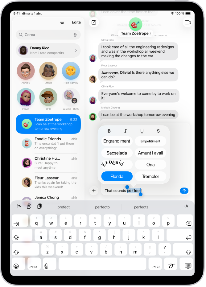 Una conversa de l’app Missatges amb una paraula seleccionada al camp de text i les opcions de format i efectes mostrades a sobre. El text seleccionat apareix amb una previsualització de l’efecte.