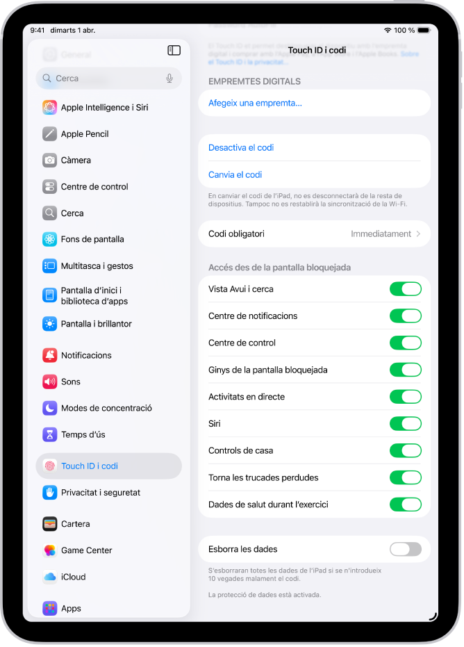 La configuració del Face ID i el codi, amb opcions per permetre l’accés a funcions concretes quan l’iPad està bloquejat.