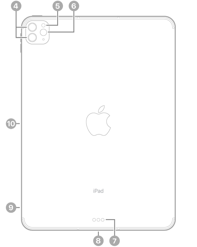Revers de l’iPad Pro amb crides a les càmeres posteriors i al flaix a la part superior esquerra, a l’Smart Connector i al connector Thunderbolt / USB 4 a la part inferior central, a la safata de la SIM (Wi-Fi + Cellular) a la part inferior esquerra i al connector magnètic per a l’Apple Pencil a l’esquerra.