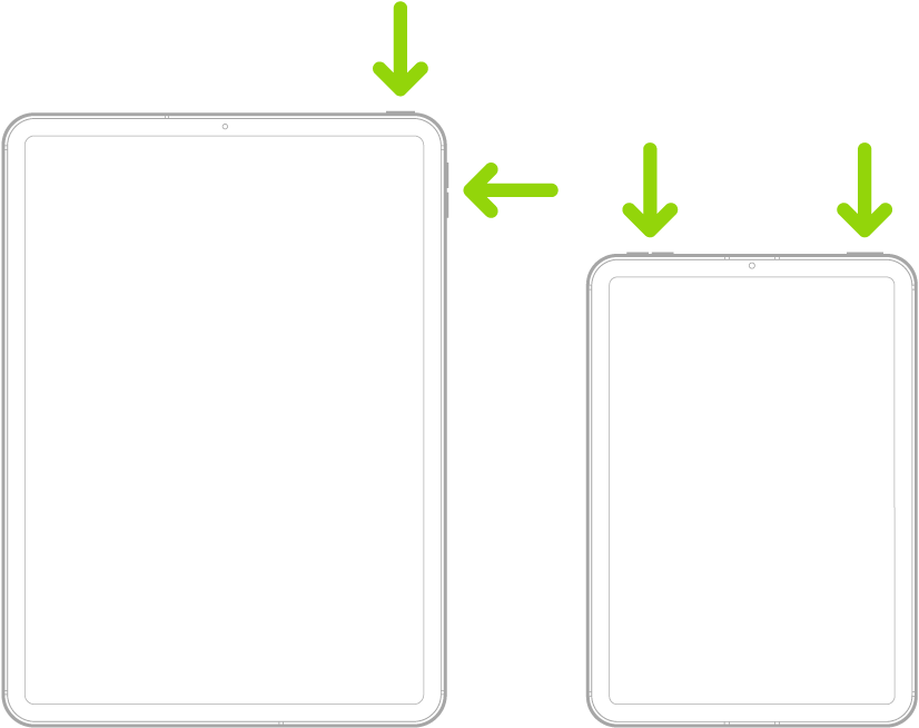 Dos models de l’iPad. Tots dos tenen un boto superior, un model d’iPad té botons de volum en un lateral i l’altre els té a la part superior. Les fletxes assenyalen els botons superiors i els botons de volum.