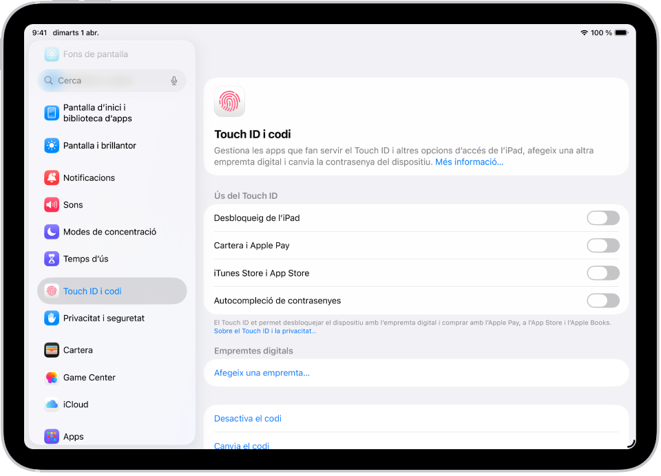 Una pantalla amb la configuració del Touch ID i codi i opcions per afegir una empremta i activar el codi.