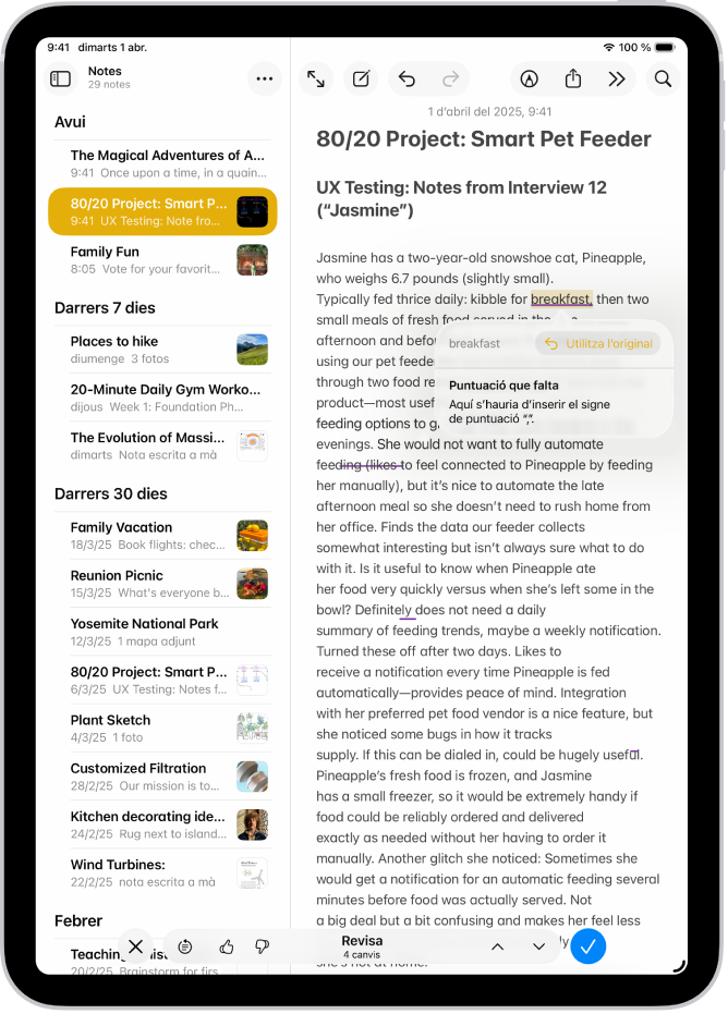 Un iPad en què es mostra text que s’està editant per corregir-ne els errors gramaticals a l’app Notes.