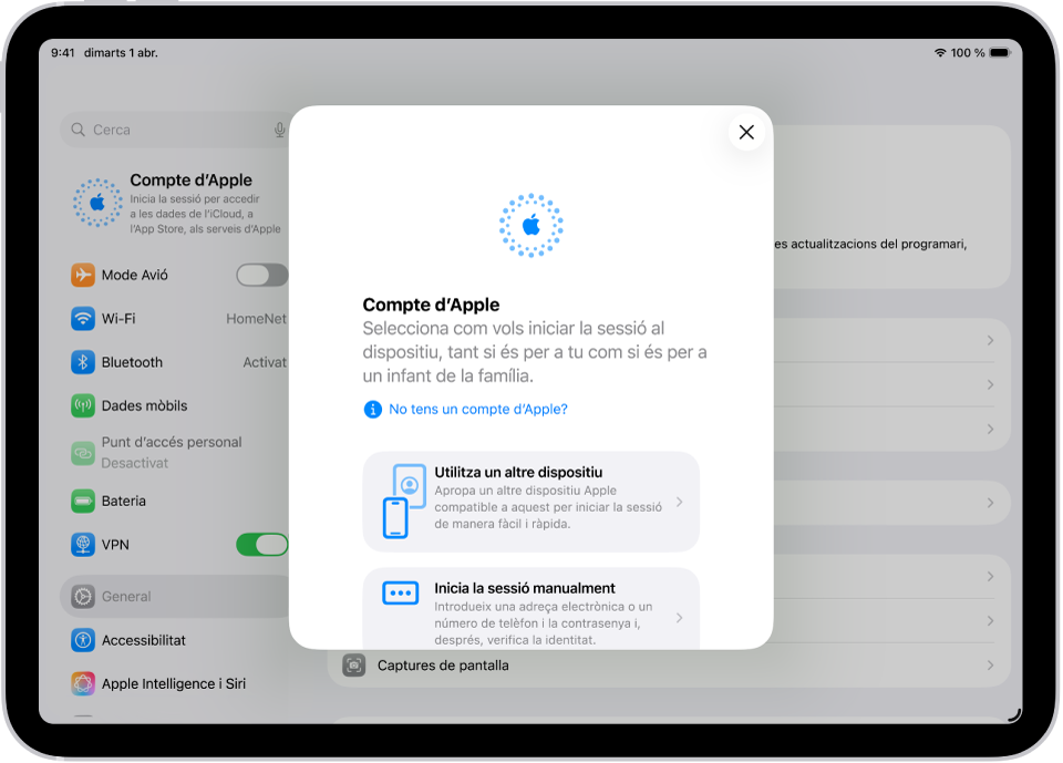 La pantalla de configuració, amb el quadre de diàleg per iniciar la sessió amb compte d’Apple al mig.