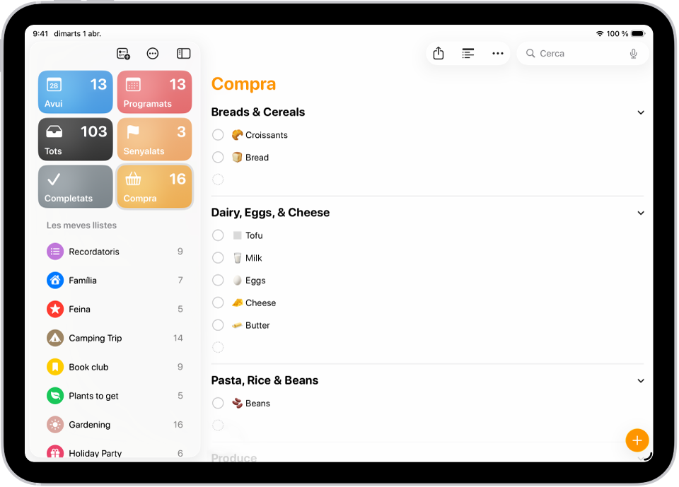 L’app Recordatoris mostrant una llista de la compra amb ítems a categories com “Pa i cereals”, “Ous” i “Formatge”.