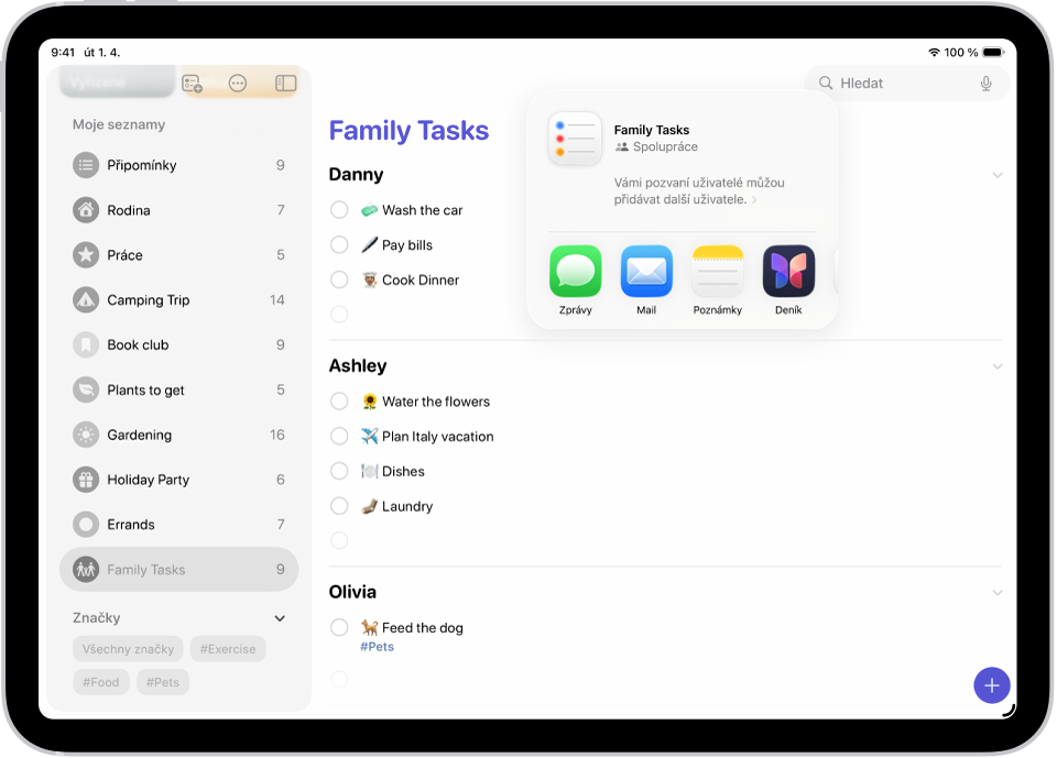 Okno aplikace Připomínky, v němž je vidět nákupní seznam a vpravo volby sdílení