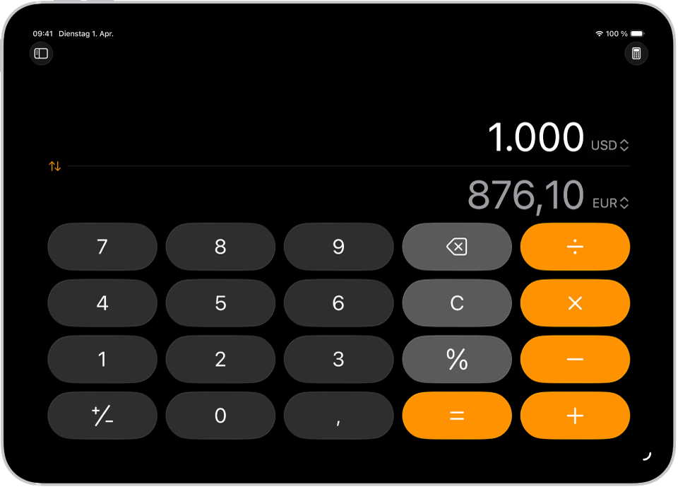 Der Standardrechner mit einer Währungsumrechnung auf dem iPad.