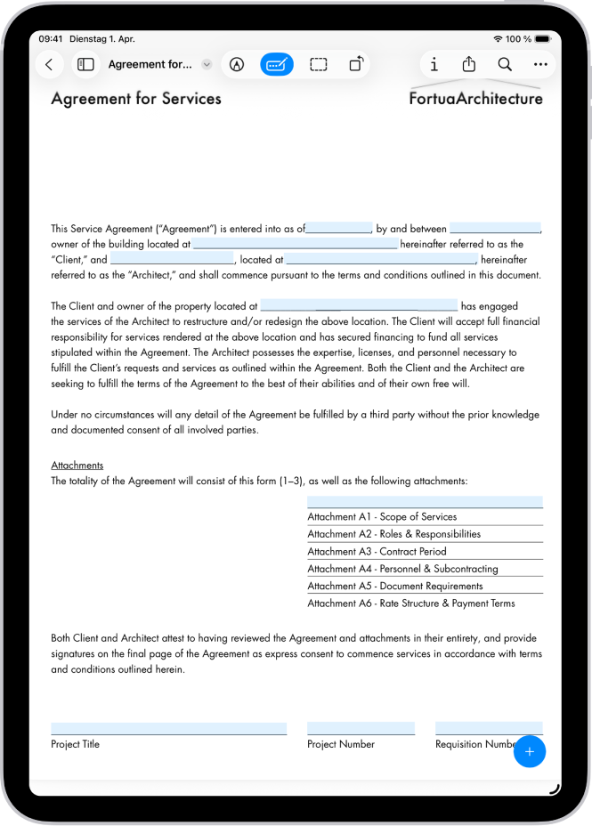 Ein Bildschirm zeigt ein PDF-Formular mit hervorgehobenen Feldern, die ausgefüllt werden können. Unten auf dem Bildschirm befinden sie die Tasten „Anmerkung hinzufügen“, „Markieren“, „Automatisch ausfüllen“, „Zuschneiden“, „Info“, „Teilen“ und „Suchen“. Die Taste „Automatisch ausfüllen“ ist ausgewählt.