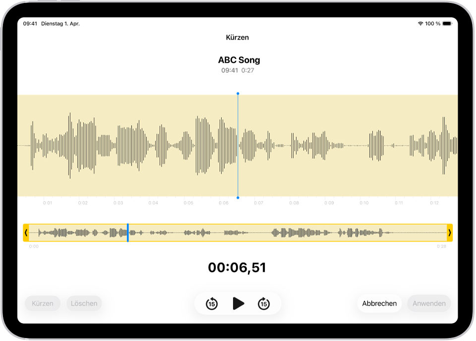Eine Aufnahme, die bearbeitet wird, mit den gelben Aktivpunkten links und rechts von einer Sequenz der Audiowellenform unten auf dem Bildschirm. Links neben den Steuerelementen für die Wiedergabe befindet sich die Taste „Kürzen“ (zum Entfernen des Bereichs der Aufnahme außerhalb der Aktivpunkte) und die Taste „Löschen“ (zum Löschen des Bereichs außerhalb der Aktivpunkte).