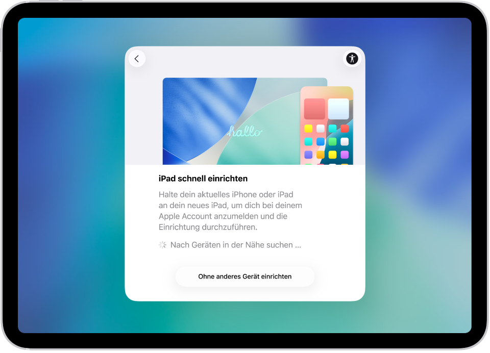 Der Konfigurationsbildschirm, der nach dem ersten Einschalten des iPad angezeigt wird.