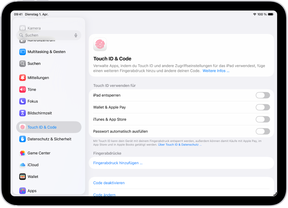 Ein Bildschirm zeigt Einstellungen für „Touch ID & Code“ mit Optionen zum Hinzufügen eines Fingerabdrucks und zum Aktivieren des Codes.