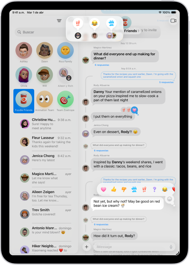 Una conversación de Mensajes con atributos de Tapbacks visibles cerca de la parte superior de la pantalla. El menú Tapbacks está visible encima de un mensaje.