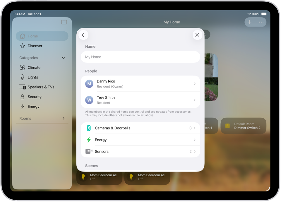 Plano gráfico: Vista de la app Casa con varios residentes.