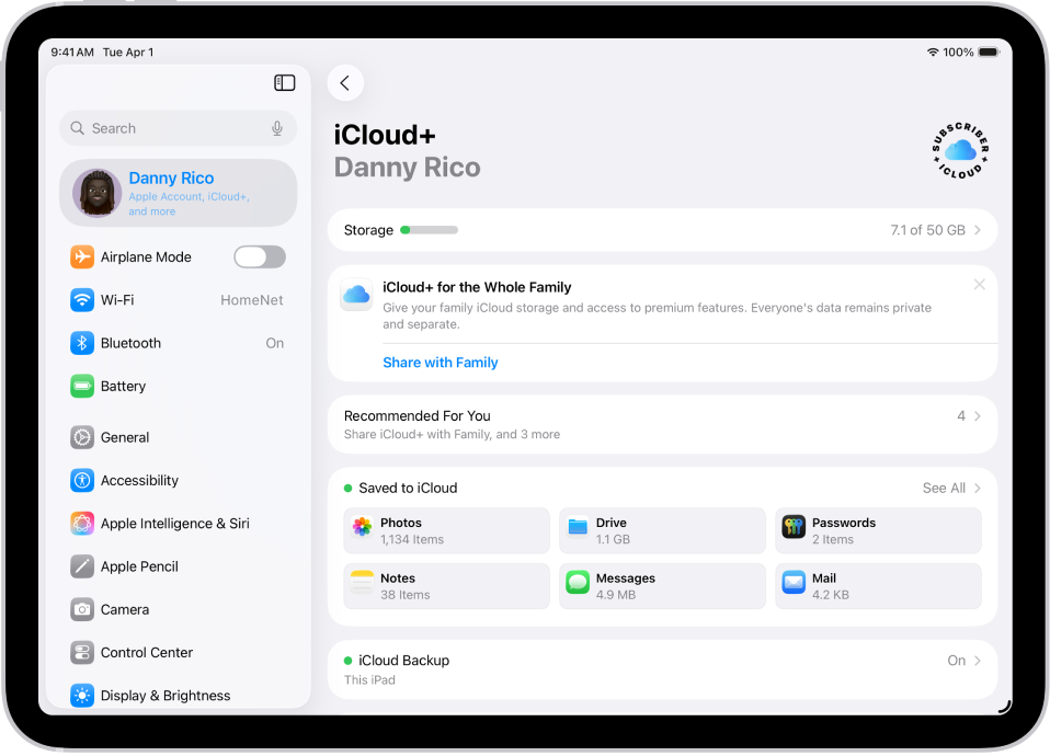 Pantalla de ajustes de iCloud con el medidor de almacenamiento y una lista de servicios, como Fotos, iCloud Drive y copia de seguridad en iCloud, que se pueden usar con iCloud.