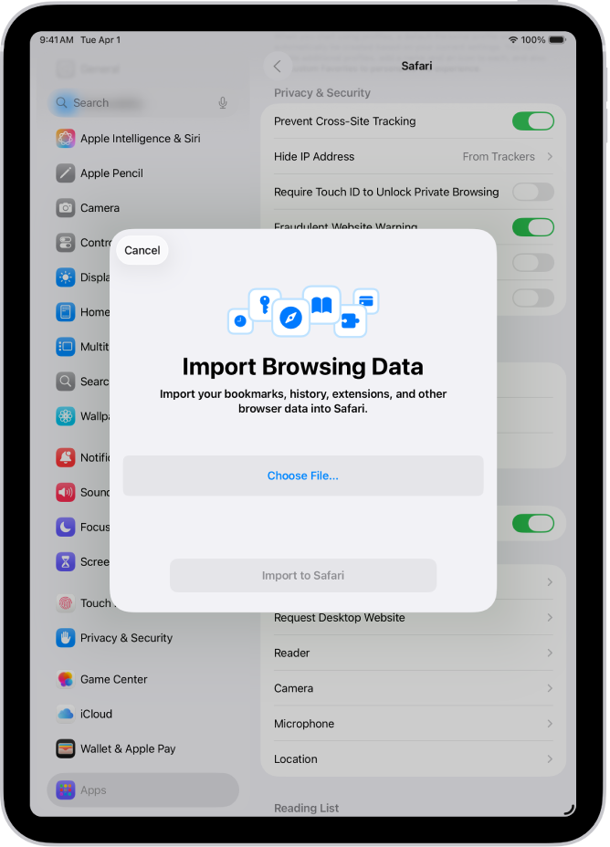Pantalla “Importación de los datos de navegación” con los datos de otro navegador que se van a importar a la app Safari.