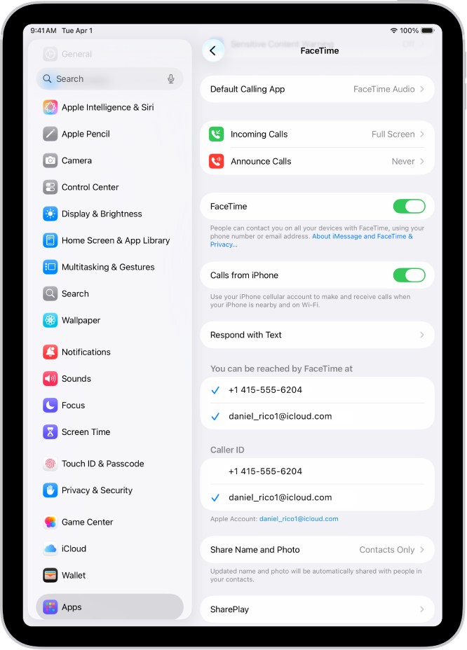 Pantalla “Ajustes de FaceTime” con la opción “App de llamadas por omisión”, el control para activar o desactivar FaceTime y la cuenta de Apple que se está usando para FaceTime.
