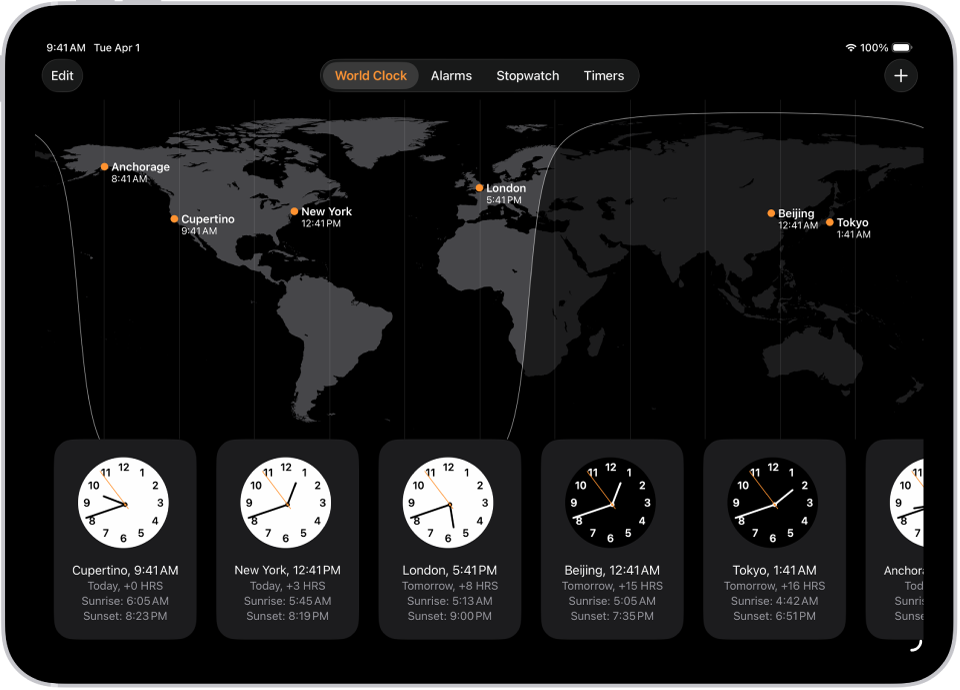 Pestaña “Reloj mundial” con la hora de varias ciudades. El botón Editar cerca de la esquina superior izquierda permite reordenar o eliminar relojes. El botón Añadir cerca de la esquina superior derecha permite añadir más relojes. Los botones “Reloj mundial”, Alarma, Cronómetro y Temporizadores se encuentran en la parte inferior.
