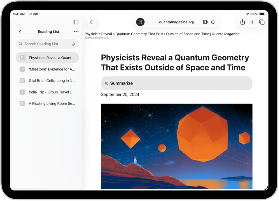 En la app Safari, la lista de lectura está abierta en la barra lateral a la izquierda y muestra una lista de sitios web guardados en la lista de lectura. Un artículo de física aparece a la derecha.